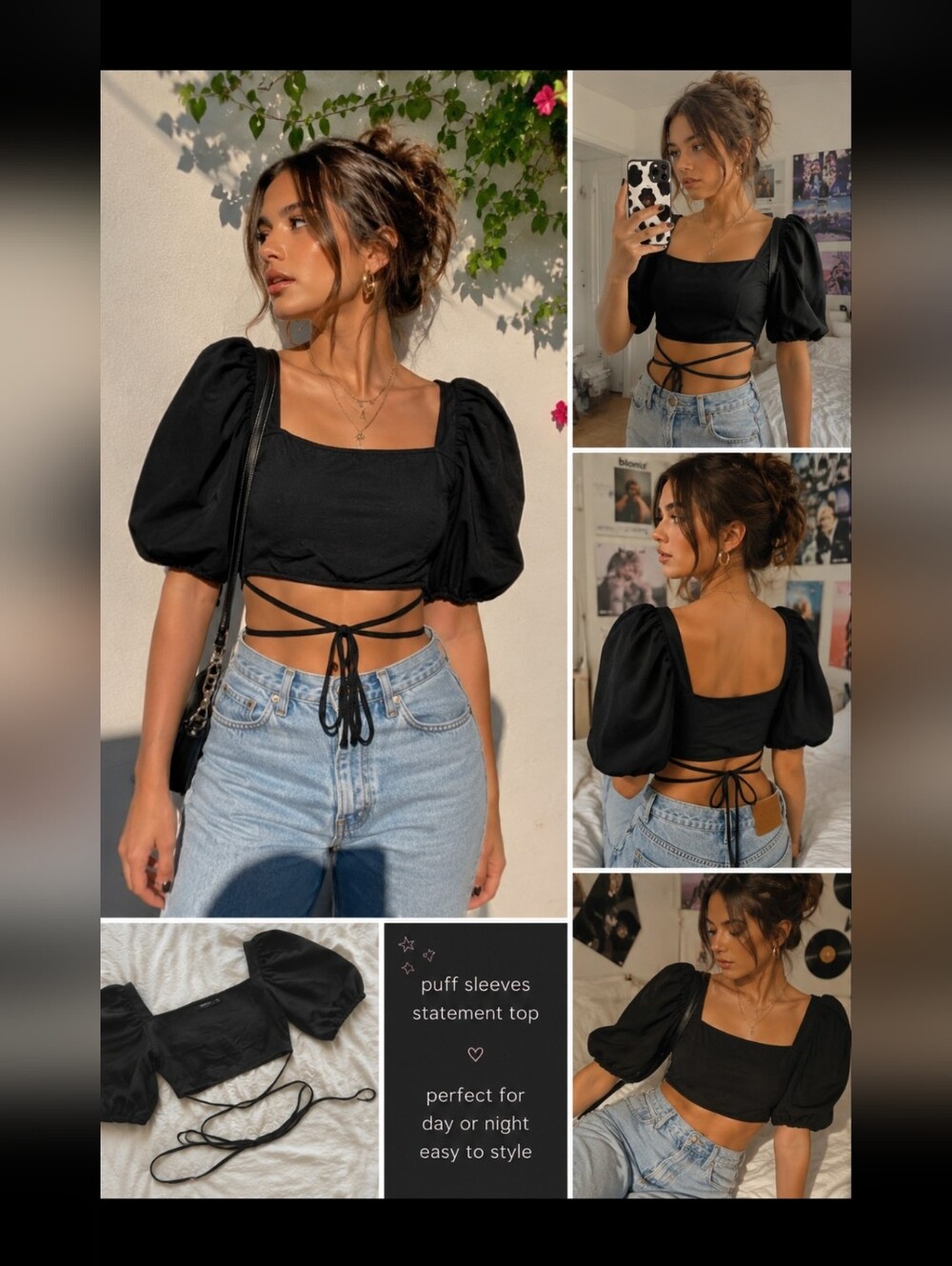 Missguided Petite Black Puff Sleeve Crop Top US 2